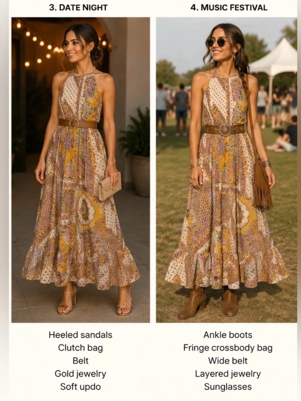 Boho Halter Maxi Dress in Beige and Mustard - Picture 3 of 7